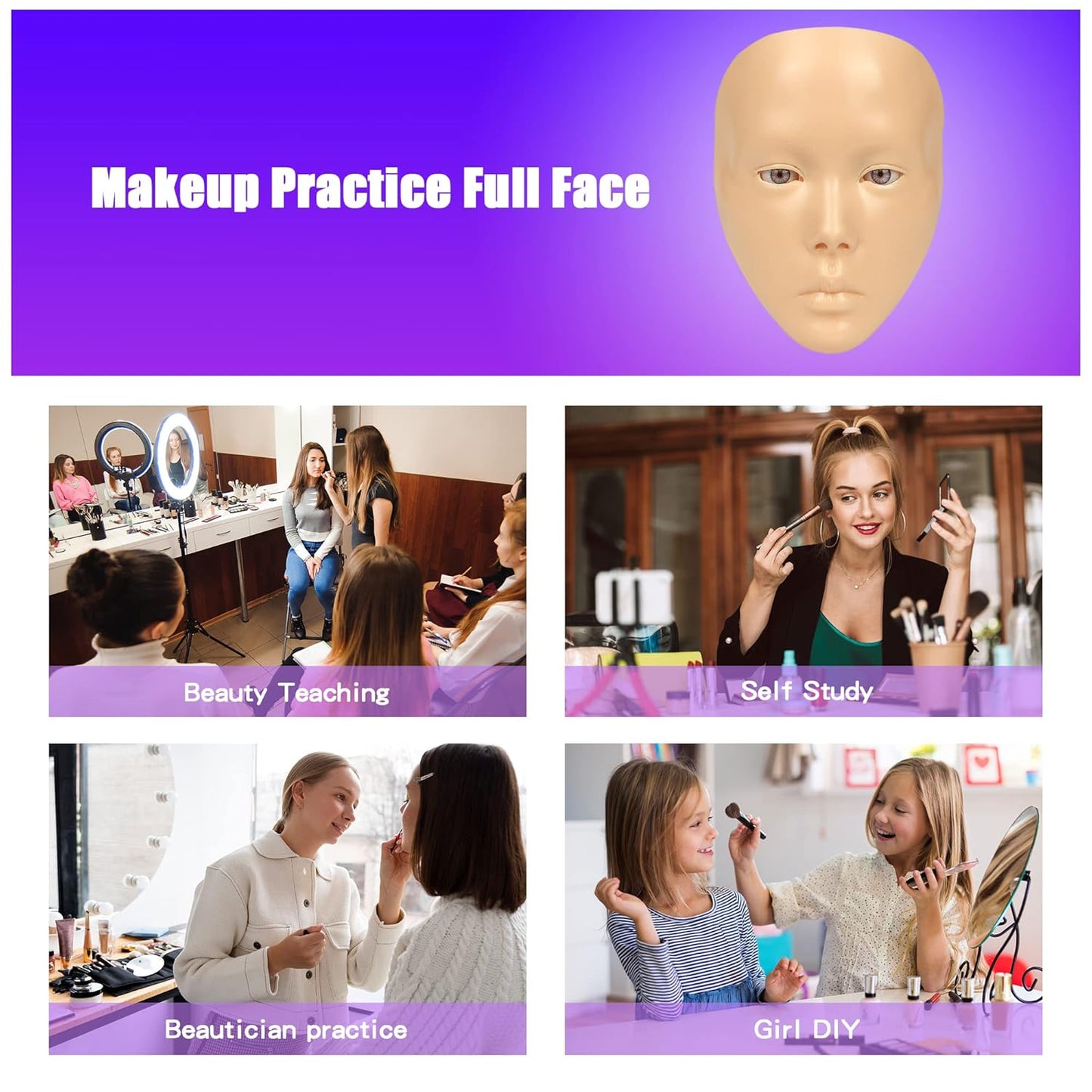 Makeup Practice Mannequin Face, 5d Reusable Silicone Makeup Practice Board Full Face with Makeup Brushes Sponge Set and Eyeshadow Board Makeup Kit for Makeup Artist, Girl's Gift Or Professionals