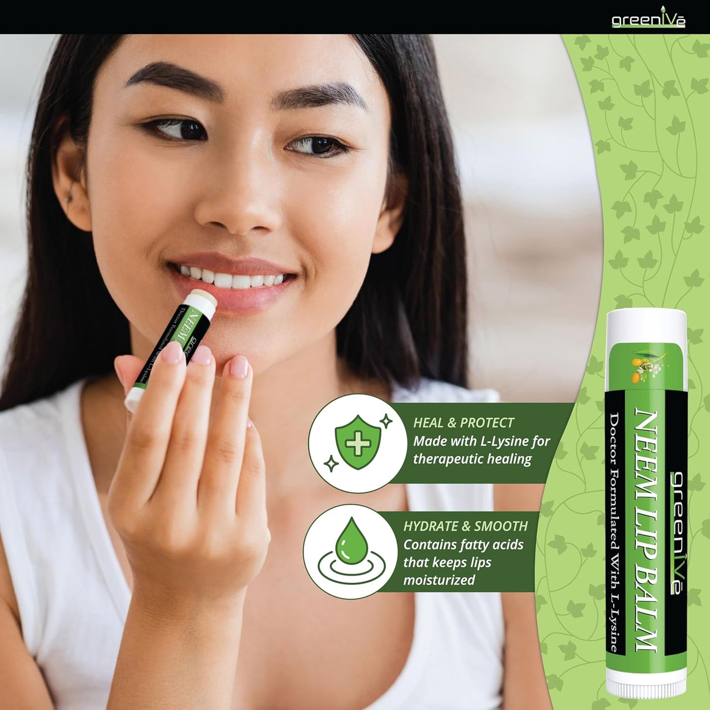 GreenIVe Neem Lip Balm, Vegan Lip Moisturizer with L-Lysine, Soothe and Soften (3)