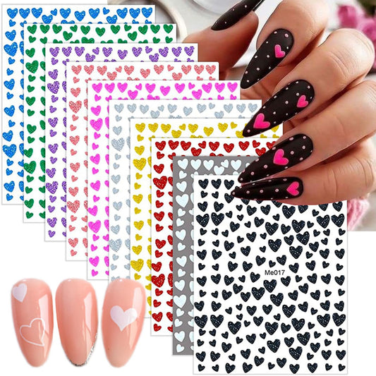 10 Sheets Heart Nail Stickers - 3D Self-Adhesive Valentine's Day Nail Art Stickers - Shiny Love Heart Nail Decals - Gold, Silver, Black