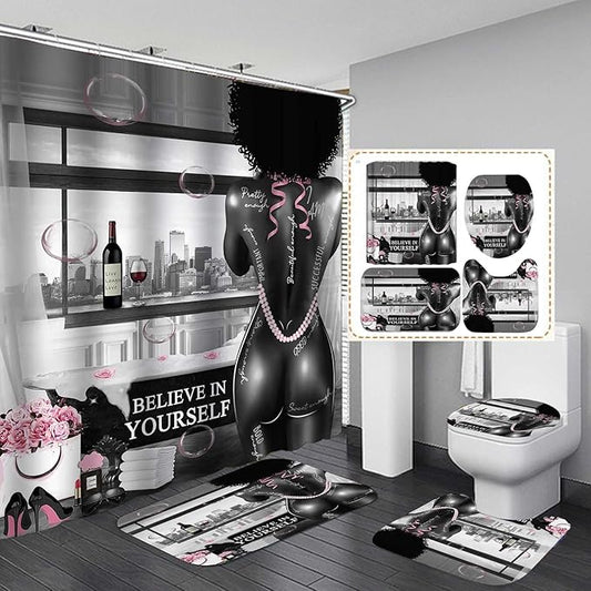 4PCS African American Black Girl Shower Curtain Sets with Rugs, Sexy Black Woman Afro Girl Black and White Modern Bathroom Decor, Non-slip Bath Mat, Motivational Inspirational Gifts for Women