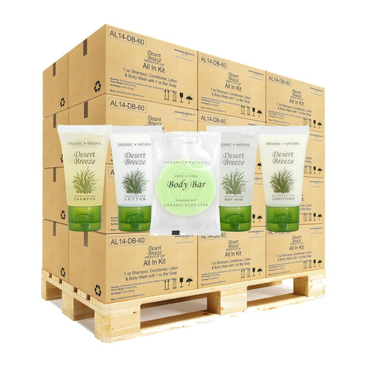Desert Breeze Hotel Soaps and Toiletries Bulk Set | 1oz Hotel Shampoo & Conditioner, Body Wash, Body Lotion & Bar Soap | Half Pallet 21 cases with 300 units each - 6,300 pieces