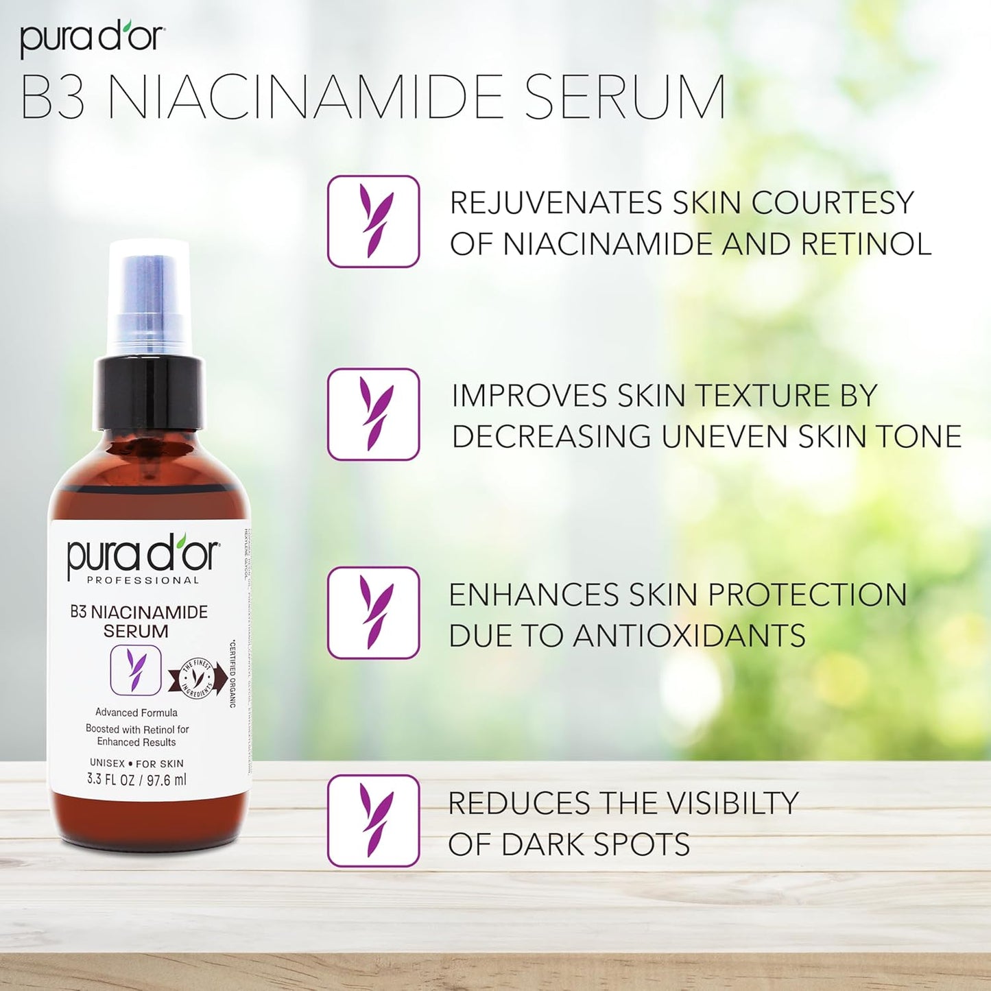 PURA D'OR B3 Niacinamide Advanced Facial Serum (3.3oz x2 = 6.6oz) Skin Care Formula with Retinol For Wrinkles, Hydration & Complexion - All Skin Types, Hypoallergenic - Women & Men