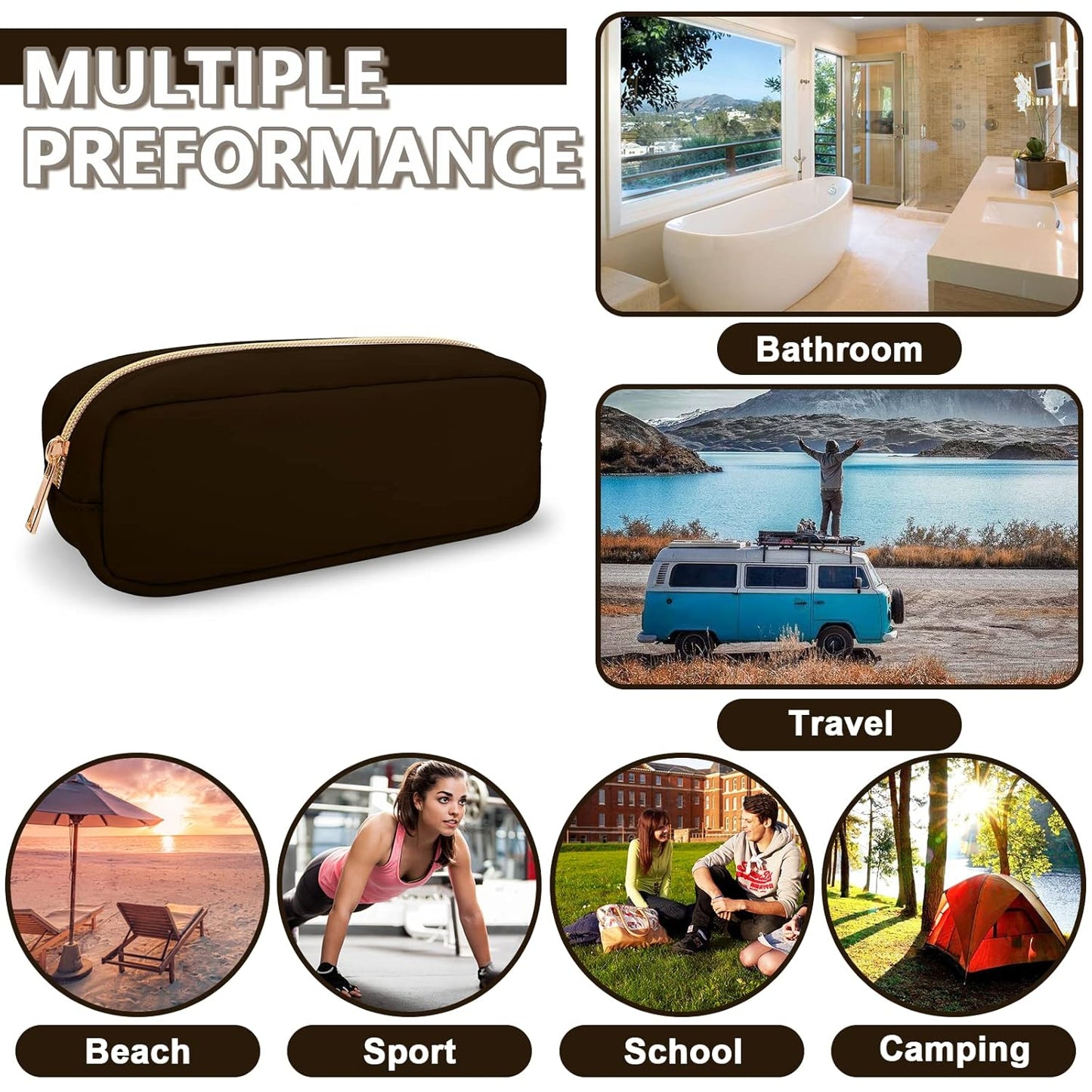 Small Pencil Case Makeup Bag for Purse, Cute Pencil Pouch Preppy Nylon Makeup Brush Bag with Zipper , Girls Portable Stationery Storage Case Small Pen Bag for Office School College(Slim-Chocolate)