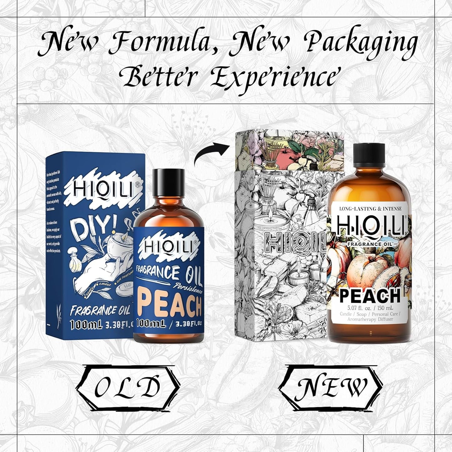 HIQILI Peach Fragrance Oil for Home Diffuser, DIY Candle, Linen & Room Freshener Spray Making, Juicy Fruit Scents - 5.07 Fl Oz