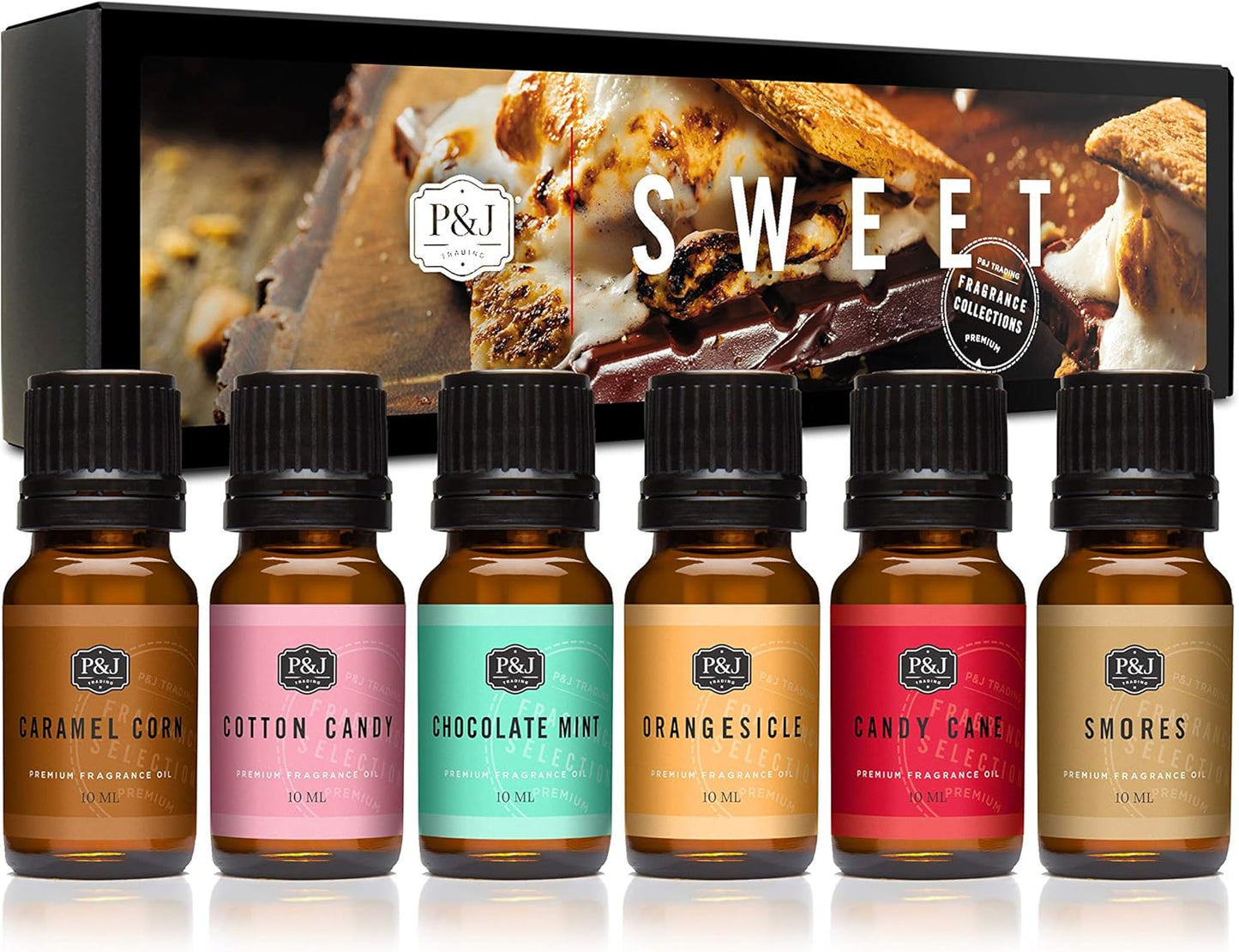 P&J Fragrance Oil Sweet Set | Chocolate Mint, Cotton Candy, Candy Cane, Caramel Corn, Orangesicle, and Smores Candle Scents for Candle Making, Freshie, Soap Making Supplies, Diffuser Oil Scents