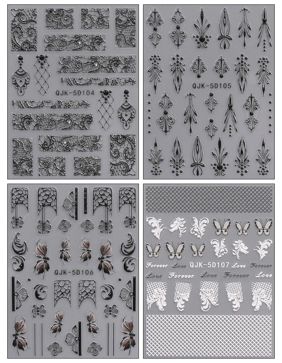 JMEOWIO 3D Embossed Black White Flower Nail Art Stickers Decals Self-Adhesive Pegatinas Uñas 5D Leaves Lace Nail Supplies Nail Art Design Decoration Accessories 4 Sheets