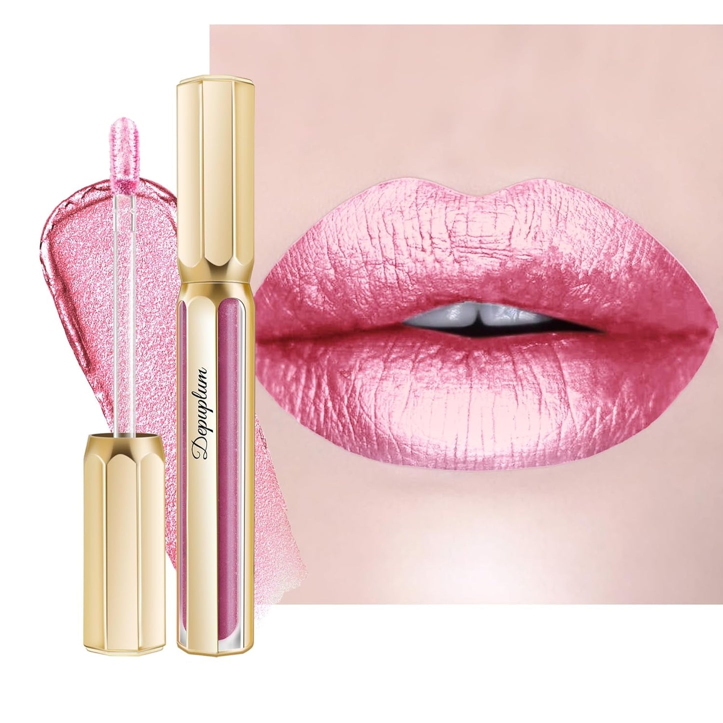 Pink Lipsticks for Women Metallic Lipstick Long Lasting Non Stick Cup Lip Gloss, Shimmer Lightweight Hydrating Full Coverage Lip Color, DP108 Mermaid