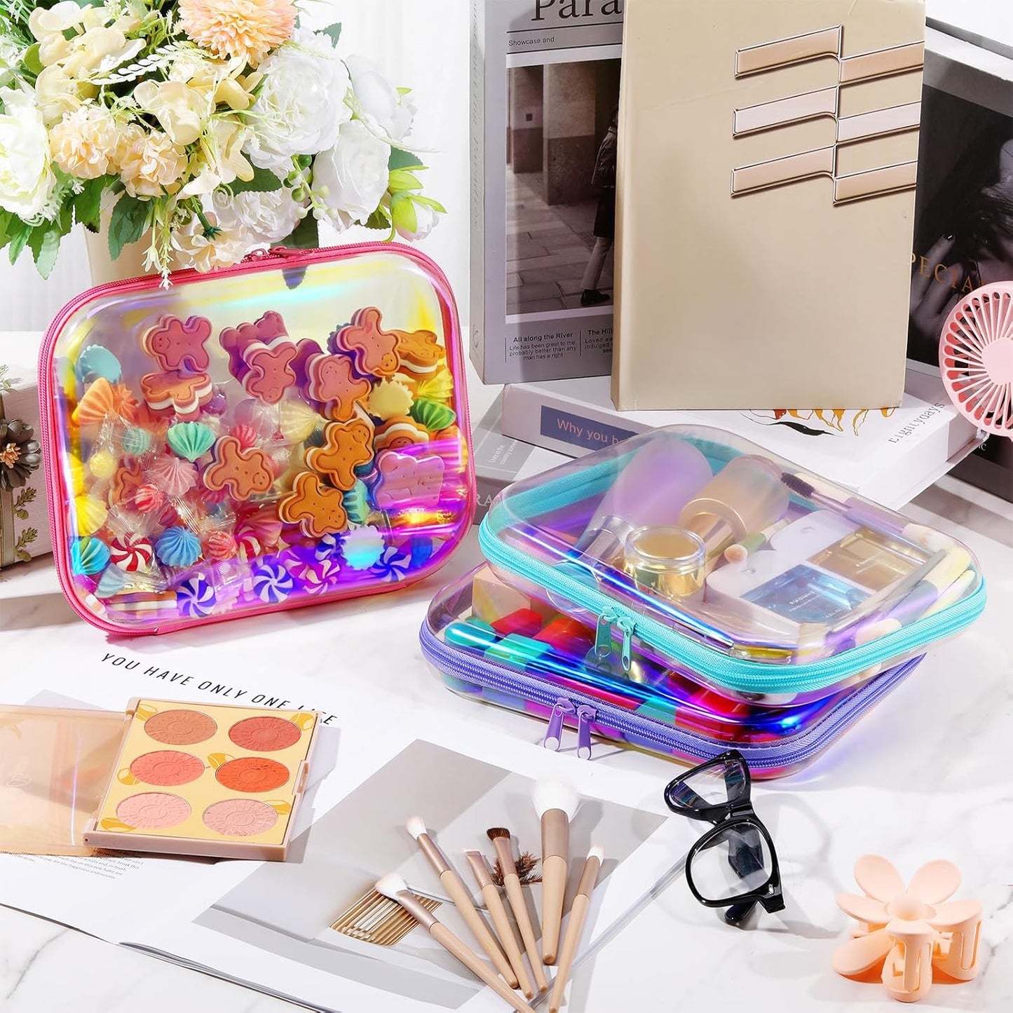 Hoolerry 3 Pcs Clear Hard Zipper Case Plastic Pouch Transparent Hard Case Clear Makeup Bag Portable Travel Organizer Bin for Cosmetics, Building Blocks, Puzzles(Laser,M)