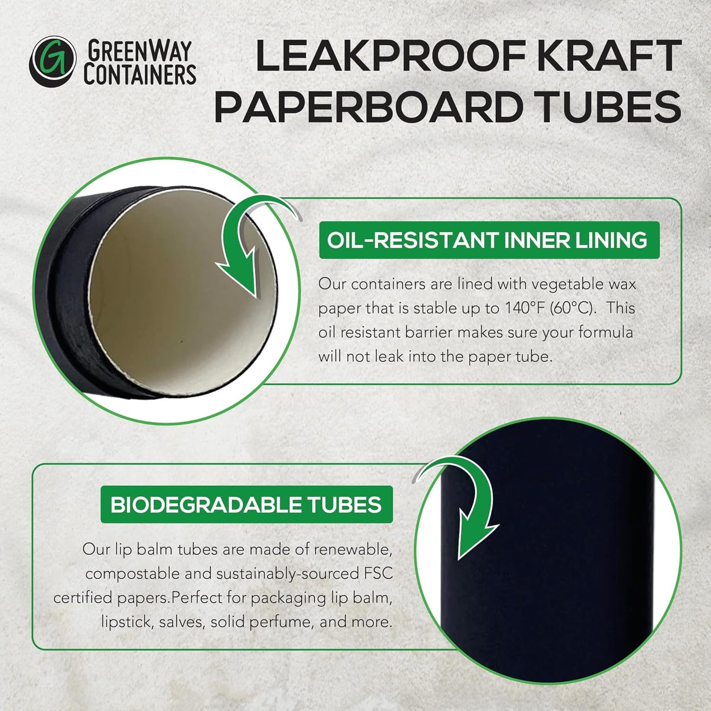 GreenWay 0.15oz / 4.25g Kraft Paperboard Lip Balm Tubes with Lids - 12 Pack Lip Gloss Tubes Refillable DIY Cosmetic Containers – Extra Thick Push-Up Bottom Lip Balm Containers - White