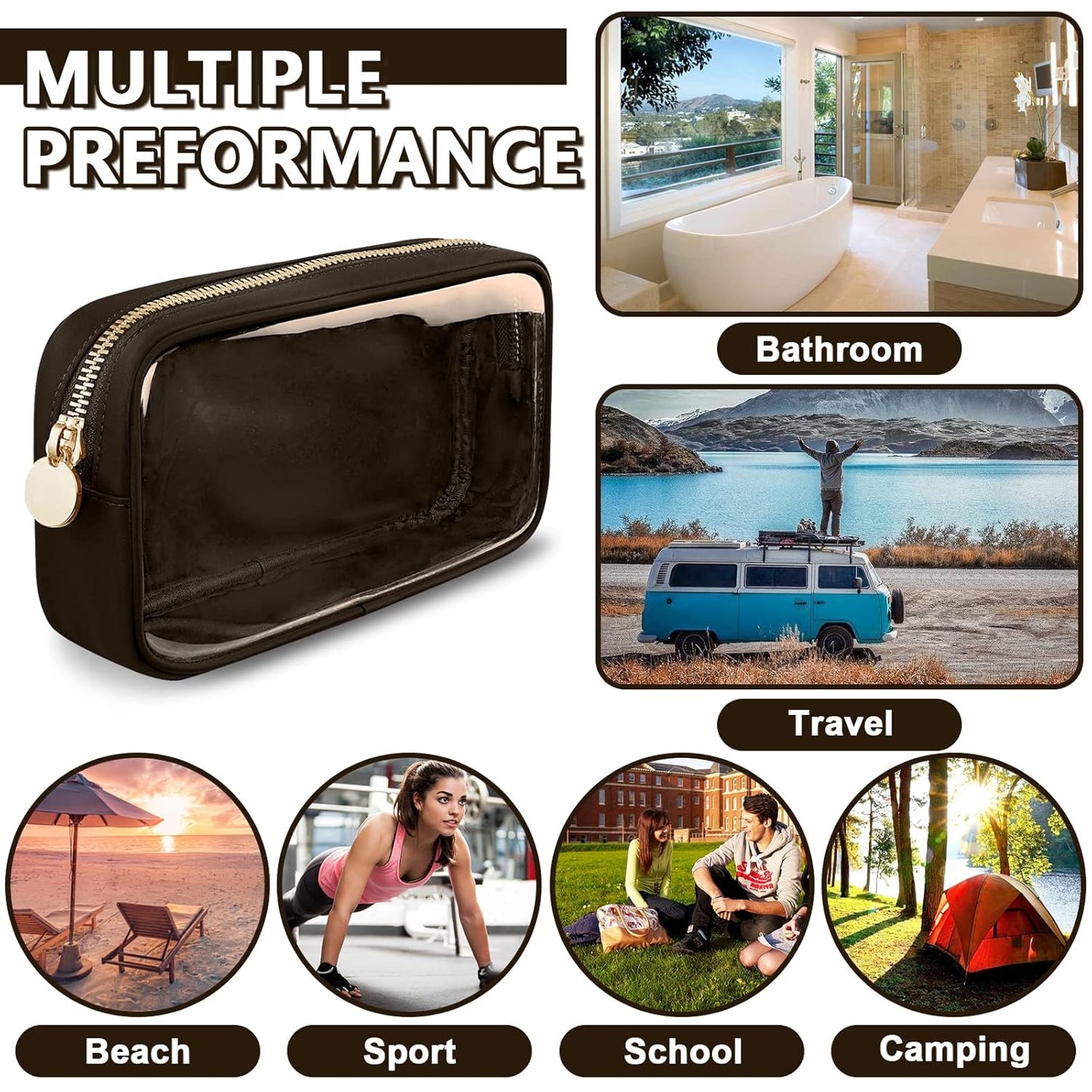 Clear Small Makeup Bag with Zipper, Nylon&PVC Cosmetic Travel Bag Preppy TSA Approved Toiletry Bag for Women Girls, Transparent Waterproof Makeup Pouches Cute Travel Bag for Purse(Small-Chocolate)