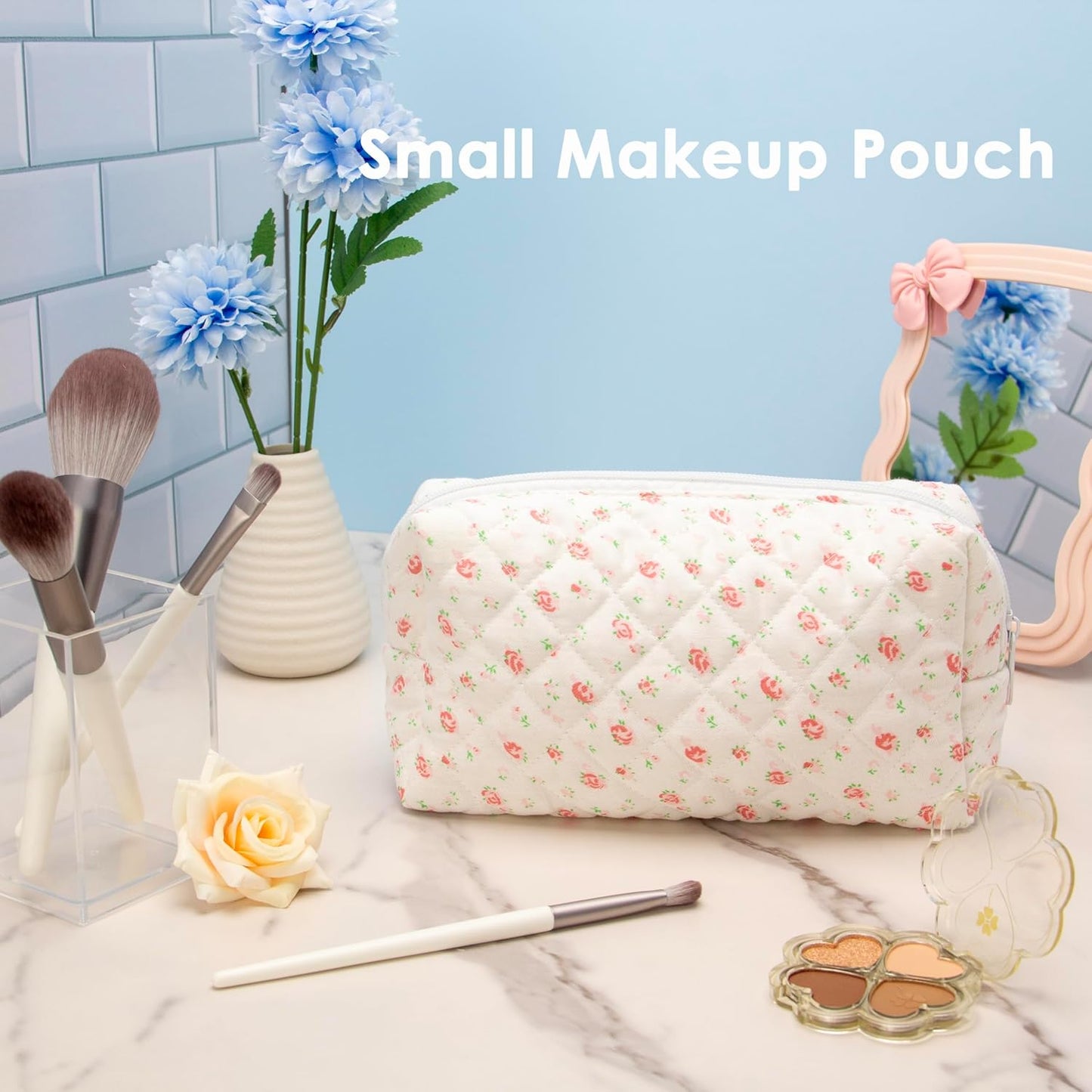 PAZIMIIK Vintage Quilted Makeup Bag Cosmetic Pouch for Brushes Pencils and Travel Make Up Accessories for Women and Girls Gauze Rose