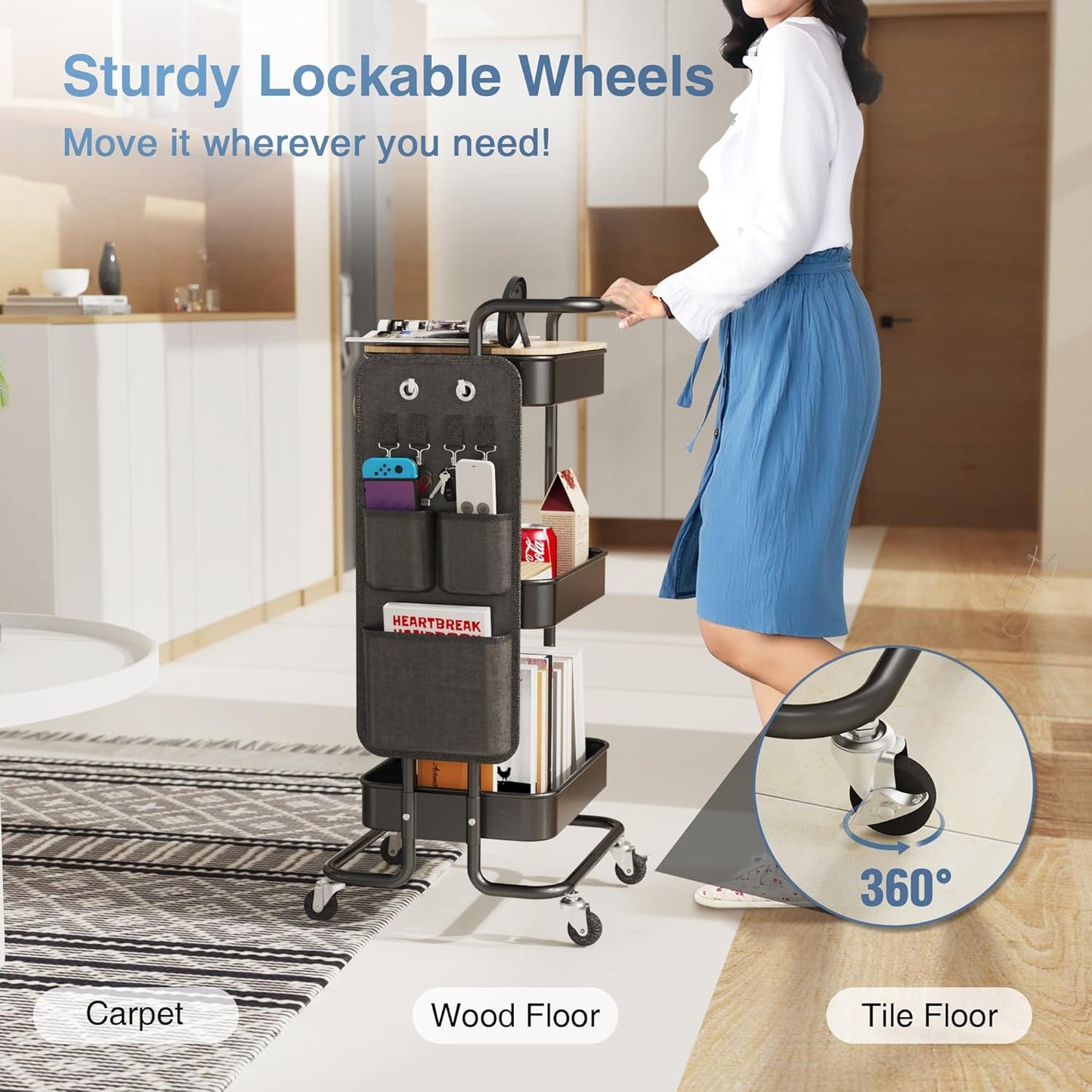 DTK 3 Tier Metal Utility Rolling Cart with Table Top and Side Bags, Tray Storage Organizer Wheels, Art Craft 4 Hooks for Kitchen Bathroom Office Living Room (Black)