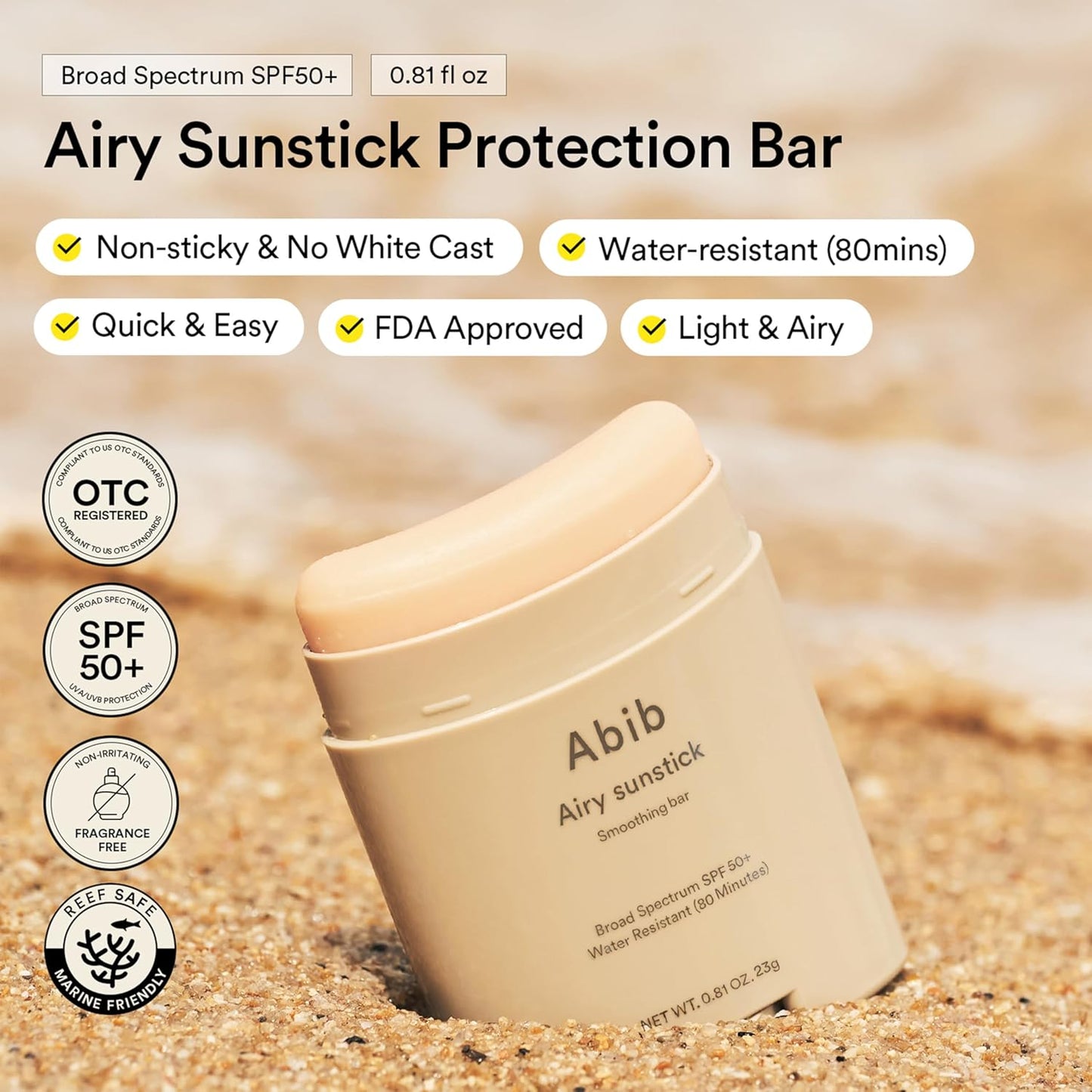 Abib Airy Sunstick Protection Bar Broad Spectrum SPF50+ 0.81 oz / 23 g (Semi-matte) | Korean Suncreen Stick Suncare Sunblock, No Whitecast, Protector Solar Barra, Water resistant