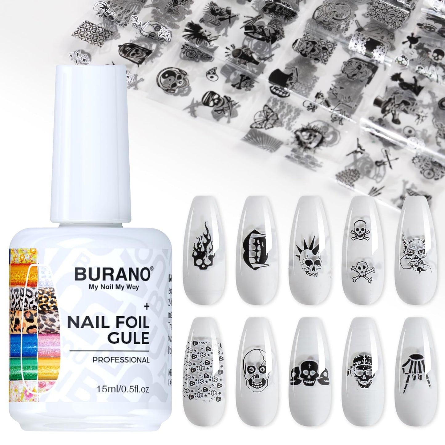 BURANO Nail Art Nail Foil Glue Gel, o.5 oz with 10PCS Foil Stickers Set Nail Foil Glue for Nails Foil Transfer Gel, Nail Design DIY UV LED Lamp Required (Nail Art) 16