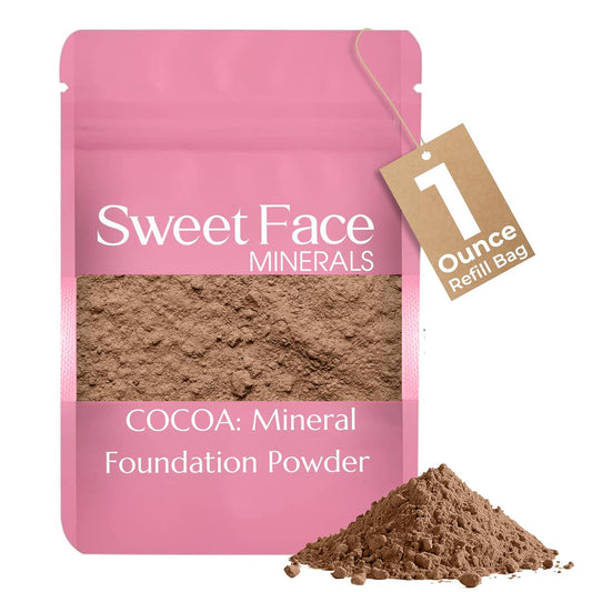 Foundation Powder Refill (COCOA) (1 Ounce Bag) By Sweet Face Minerals, Lightweight Mineral Loose Makeup Powder with SPF 20, Full Coverage Flawless Finish, Talc-free, Cruelty-Free, Refillable Pouch