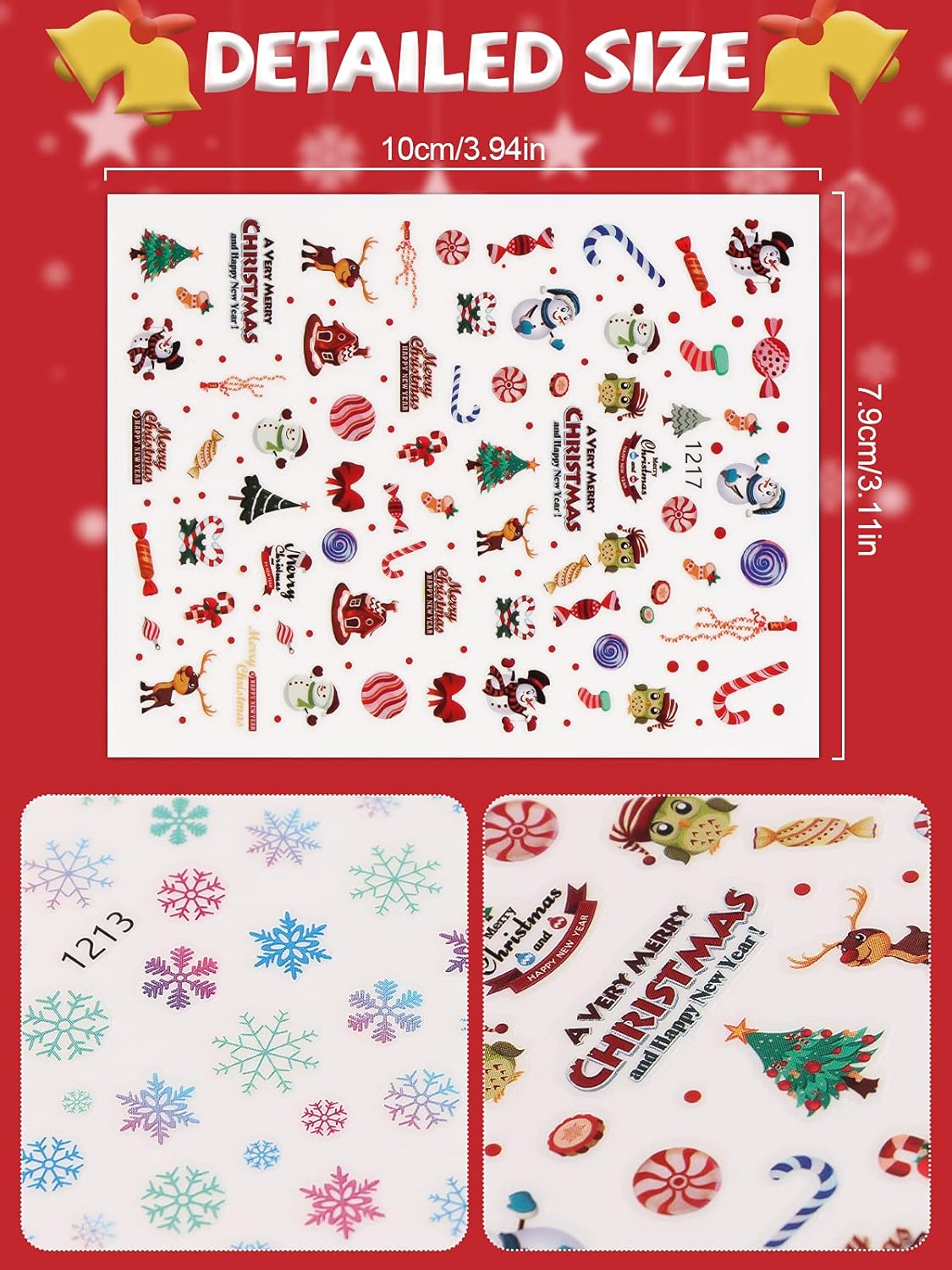 1000+ Patterns Christmas Nail Art Stickers Snowflake 3D Self-Adhesive Nail Decals, Kalolary Snowflake Santa Claus Snowman Christmas Stick Elk for Christams Nail Decorations for Women Kids