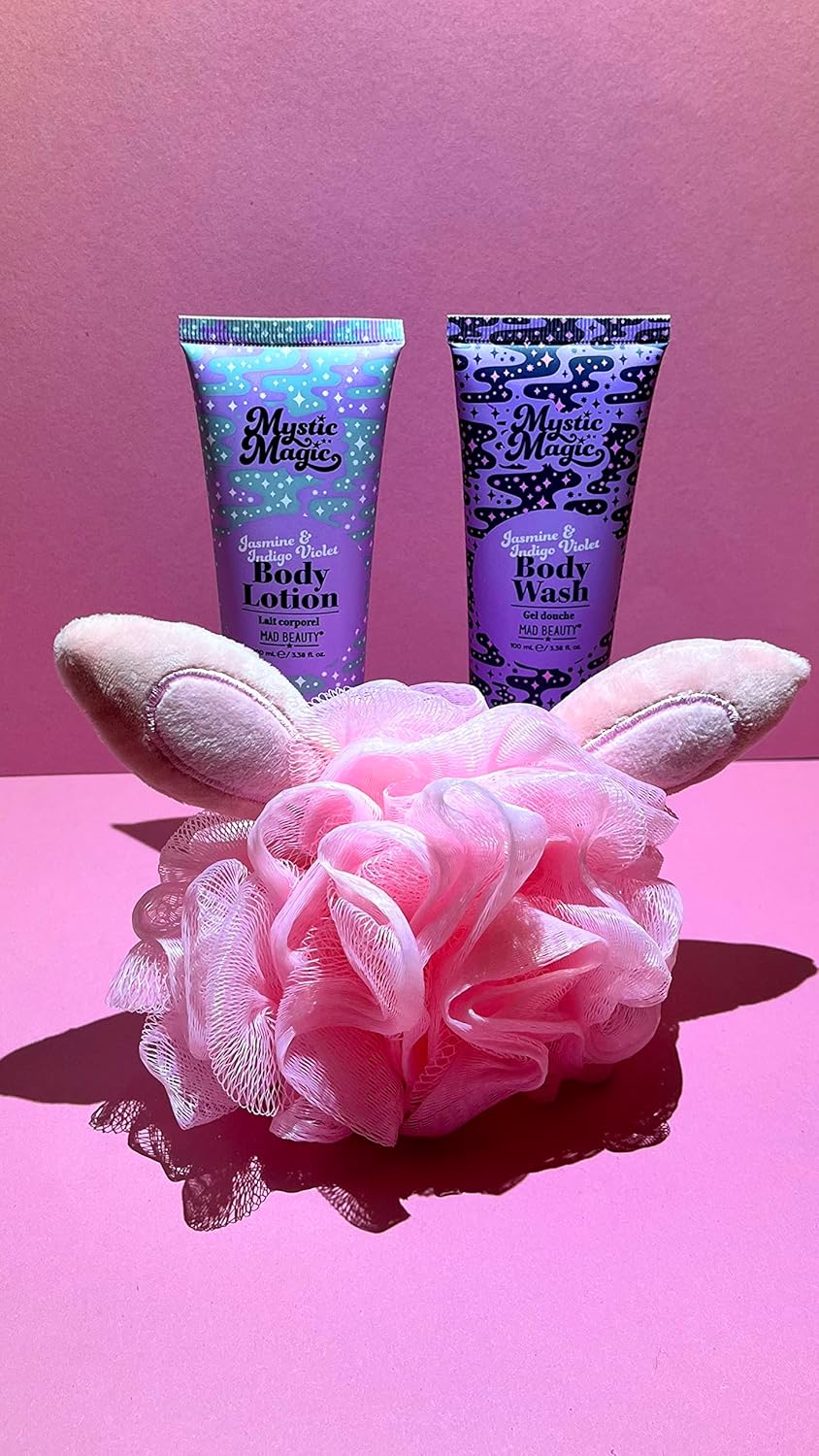MAD BEAUTY Mystic Magic Rabbit in the Hat Body Trio, 3-in-1 Bath Kit: Exfoliating Loofah, Body Lotion, & Body Wash, Gorgeous Jasmine & Indigo Violet, Relax & Unwind, Great Self-Care Gift Set