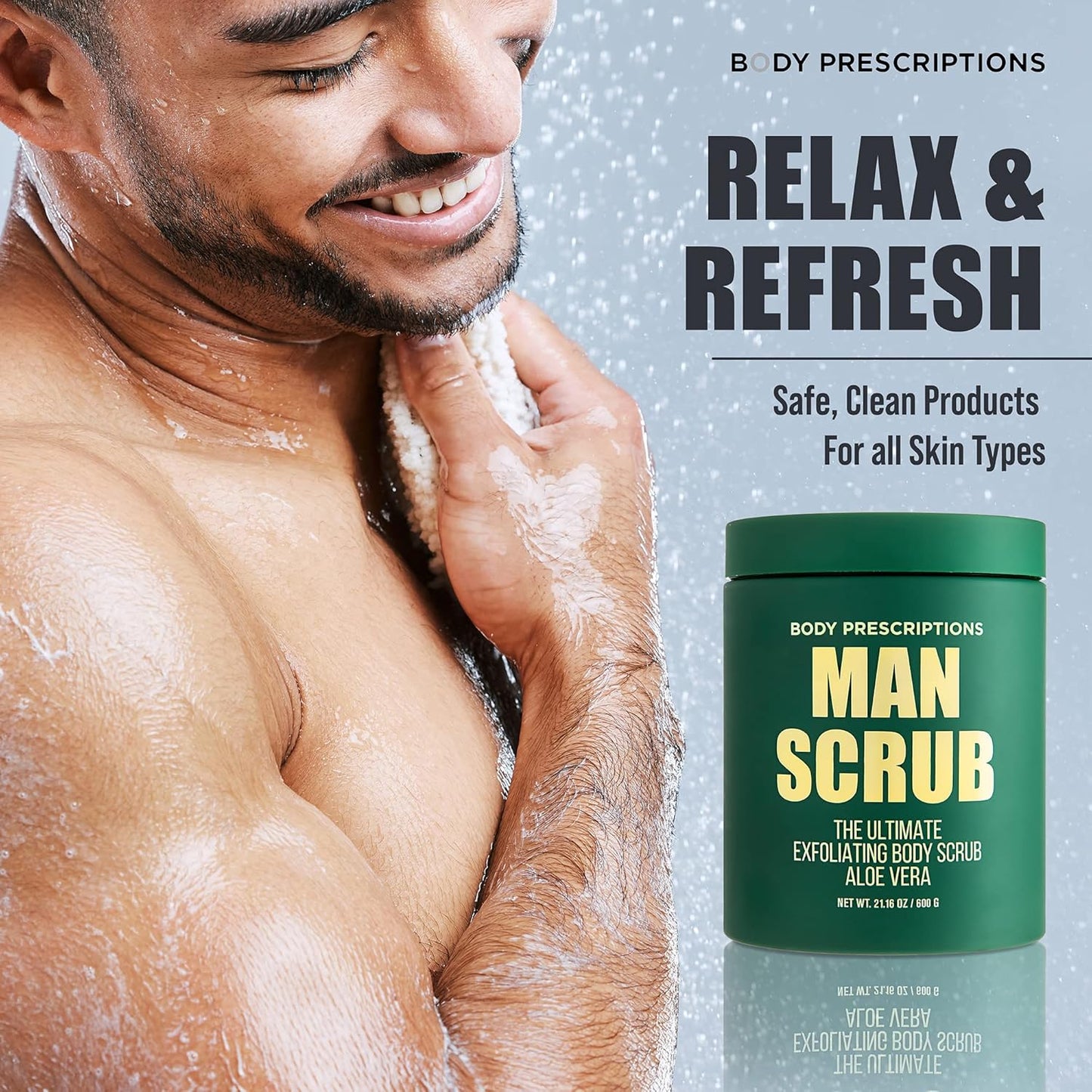 Body Prescriptions Men’s Exfoliating Body Scrub – Ultimate Skin Cleansing Wash in Jar with Twist-Top Lid, For All Skin Types, 21 Ounce (Pack of 2), Aloe Vera