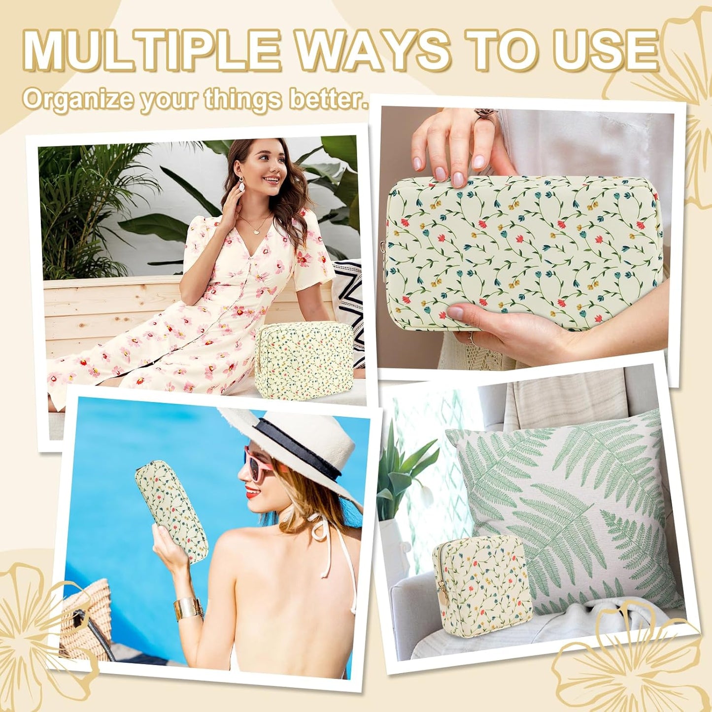 Waterproof Large Floral Makeup Bag Pouch,Nylon Travel Toiletry Storage Bag Preppy Flower Cosmetic Bag for Women Girl,Large Capacity Makeup Organizer Bag Cute Zipper Pouch(L Light Yellow-Flowers)