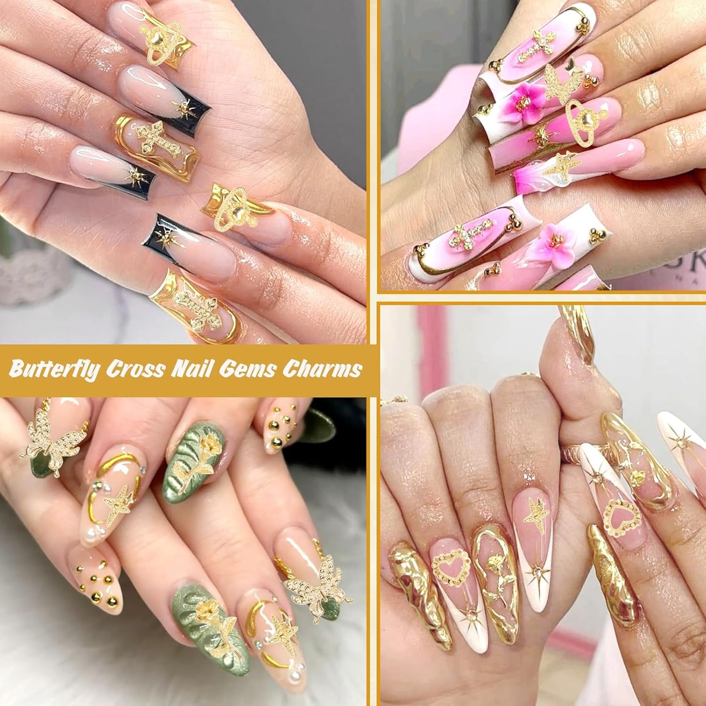 Cross Star Gold Nail Charms, 3D Cross Star Nail Charm Flower Bow Alloy Nail Art Charm, Gold Half Pearls Beads Gems for Nails Art Y2K Supplies