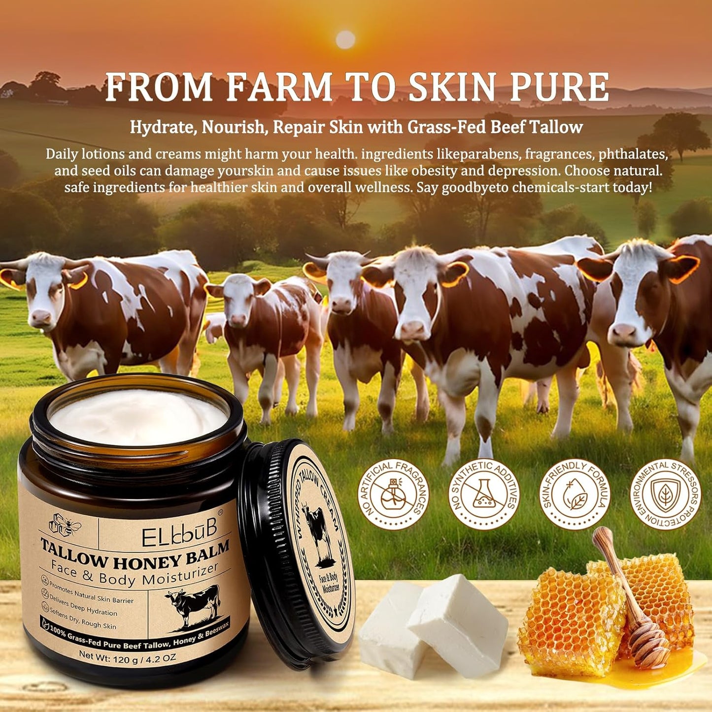 Whipped Tallow Cream for Face & Body - 100% Grass-Fed Beef Tallow, Natural Honey & Beeswax Moisturizer, Deep Hydration & Nourishment, Oil-Free & Unscented, Fast Absorbing