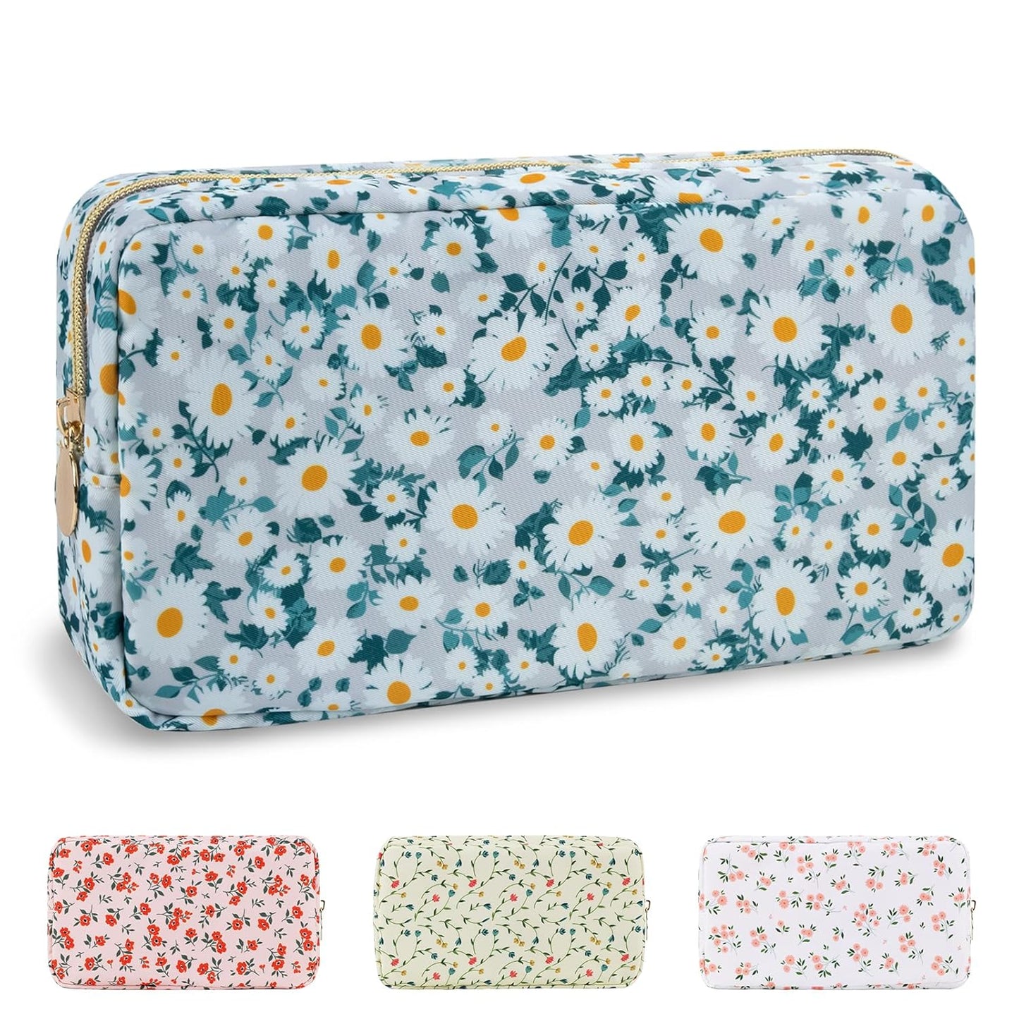 Waterproof Small Floral Makeup Bag Pouch for Purse,Nylon Flower Cosmetic Bag Preppy Travel Toiletry Storage Bag for Women Girl,Cute Makeup Organizer Bag Skincare Bag with Zipper(Small Green-Daisy)