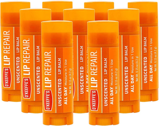 O'Keeffe's Unscented Lip Repair Lip Balm for Dry, Cracked Lips, Stick, (Pack of 9)
