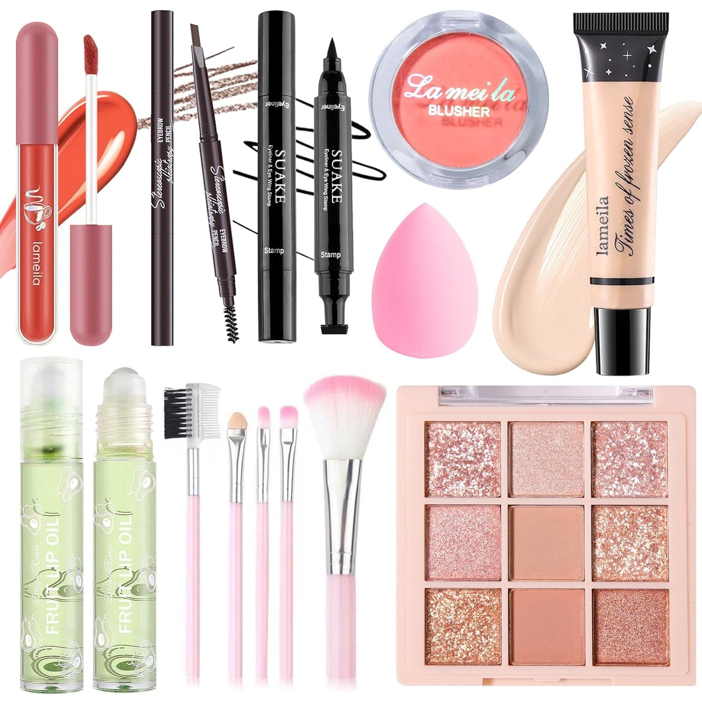 Makeup Set for Girls Teens Women, Makeup Present Set, Makeup Kit, Includes Eyeshadow Palette, Foundation, Blusher, Eyebrow Pencil, Eyeliner, Lip Gloss, Lip Oil, Makeup Brushes & Sponge