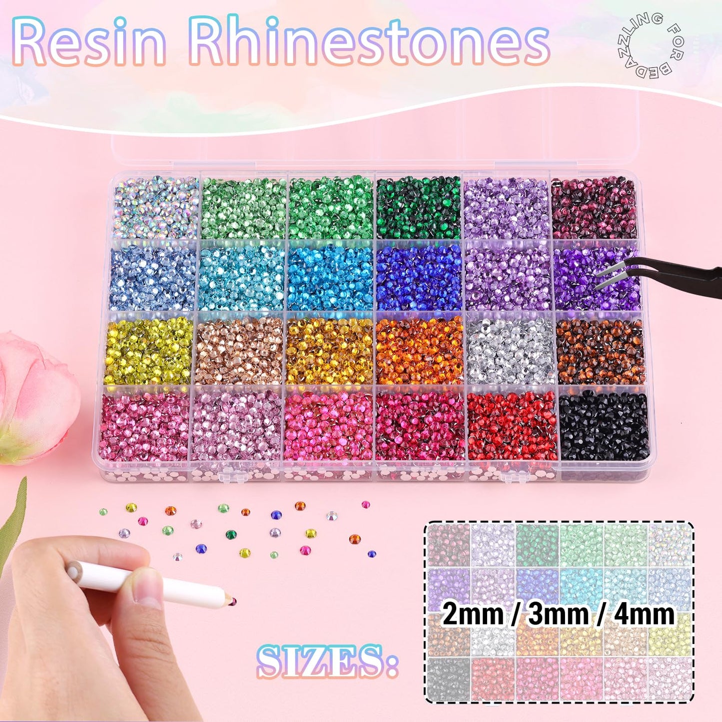 22000Pcs Resin Rhinestones for Bedazzling with 3Pcs B7000 Jewelry Glue, Multicolor 2/3/4mm Flatback Gems Rhinestones for Crafting, Clothing Tumblers Mugs Shoes Fabric Decor Nail Art
