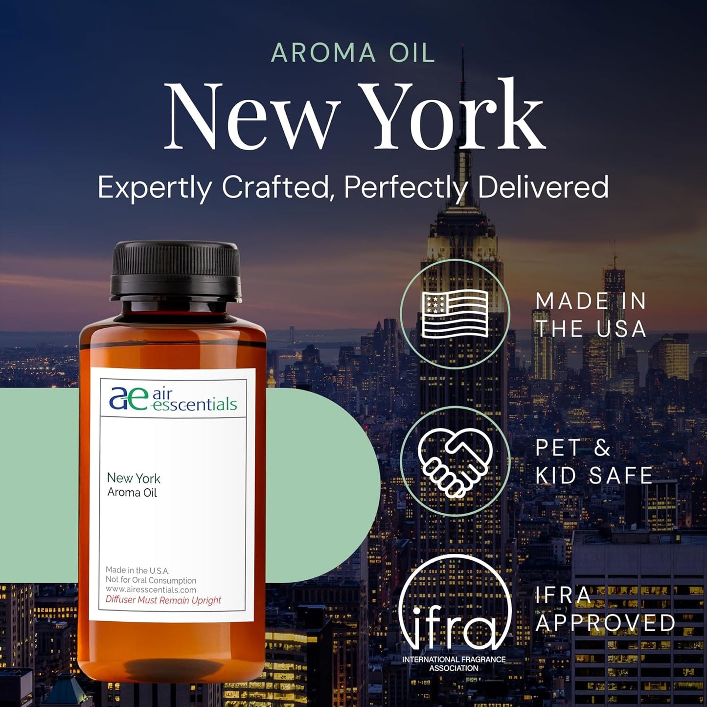 New York Aroma Oil, Essential Oils Blend for Diffusers & Scent Machines, Elegant Cedarwood & Spicy Clove, Aromatherapy, Cold Air Diffuser Compatible, 300 mL