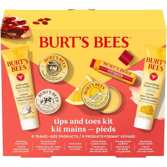 Burt's Bees Gifts Ideas, Tips and Toes Kit, 6 Travel Size Products - Pomegranate Moisturizing Lip Balm, 2 Hand Creams, Foot Cream, Cuticle Cream, and Hand Salve