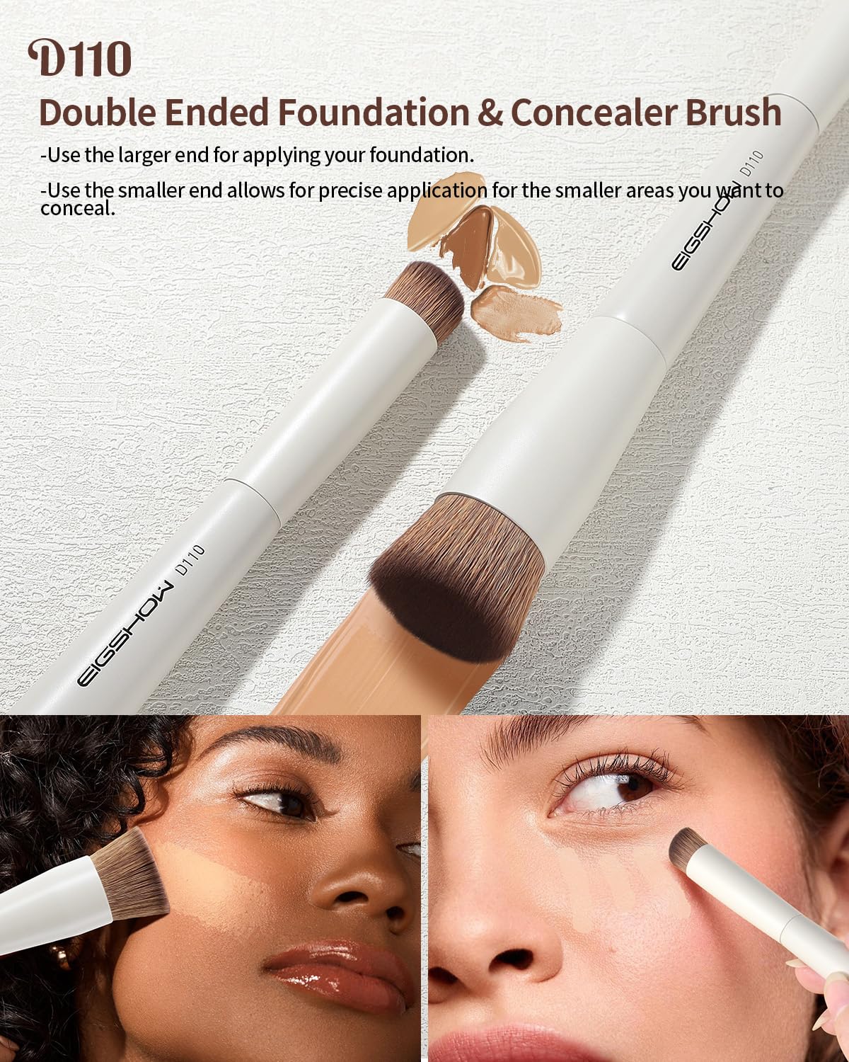 EIGSHOW Makeup Brush Set, 3Pcs Double Ended Face Makeup Brushes for Foundation Powder Contour Highlight Concealer Nose Shadow, Travel Gift Set (Beige)