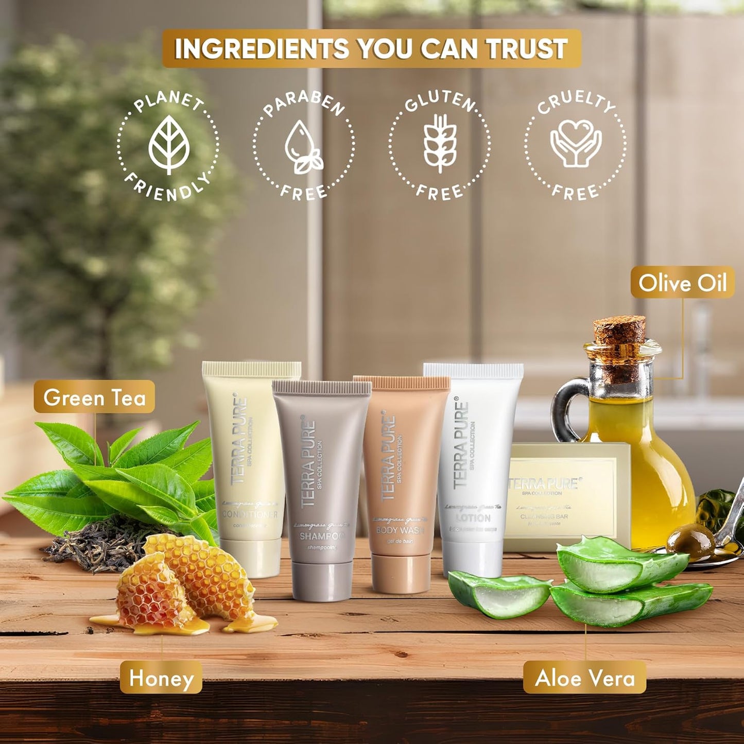 Terra Pure Spa Collection Bulk Set Toiletries | 1-Shoppe All-In-Kit Amenities for Hotels & Airbnb | 0.85 oz Hotel Shampoo & Conditioner, Body Wash, Lotion & Cleansing Bar Travel Size Tubes| 150 Pieces