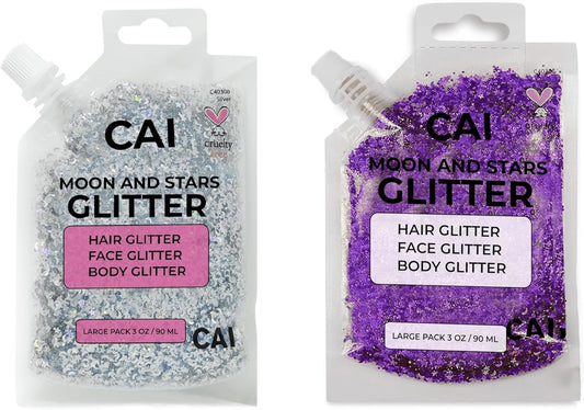 Face, Body & Hair Glitter Gel – Halloween Glitter for Kids and Women – 3 Oz Cosmetic-Grade Gel w/Moon & Stars for Festivals & Halloween Party, Easy Apply & Wash Off - Purple/Silver 2Pack