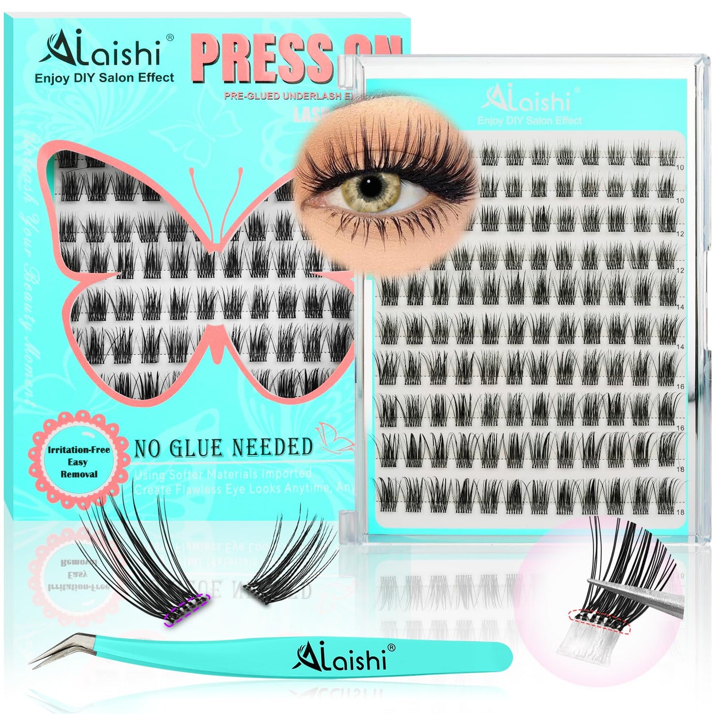 No Glue Needed Lashes, Self Adhesive Eyelashes, DIY Lash Cluster Eyelash Extensions Kit 10‑18mm,100pcs Fluffy D Curl Soft Natural Lashes with Tweezers–Fake Cat Eye Wispy Individual Clusters(NGDY61)