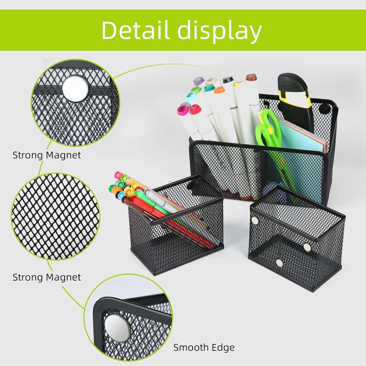 Neudeco Locker Shelf Organizer, Magnetic Pencil Holder, Metal Storage Basket for Whiteboard, Refrigerator, Ideal Cabinet for School, Black (Pack 3L)