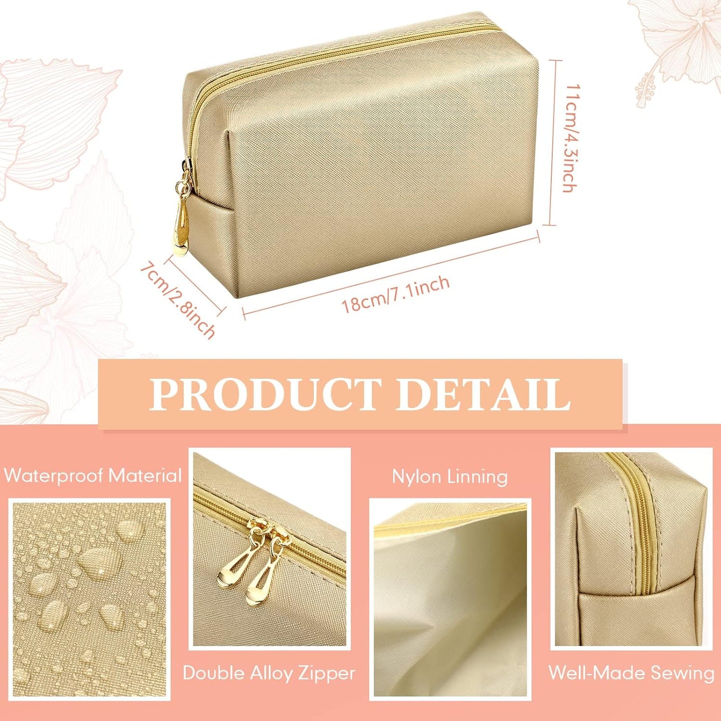 Kigeli 15 Pcs Aesthetic Makeup Bags PU Leather Cosmetic Pouches Waterproof Plain Toiletry Bags Makeup Pouches Bulk for Women Party Gift Travel Storage Organizer(Champaign Gold)