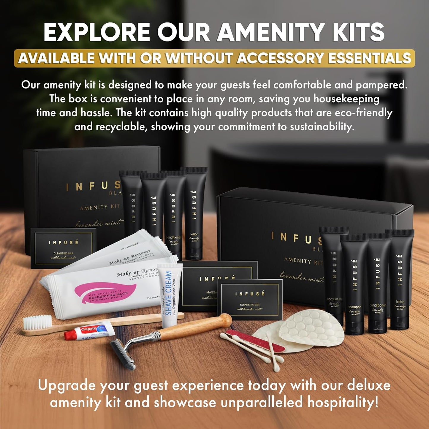 Infuse Black Amenity Kit | Boxed Hotel Toiletries | Bulk Set 1 oz Travel Size Shampoo, Conditioner, Lotion, Body Wash & Cleansing Bar for Guest Hospitality AirBnB/Vacation Rentals | 75 Pieces