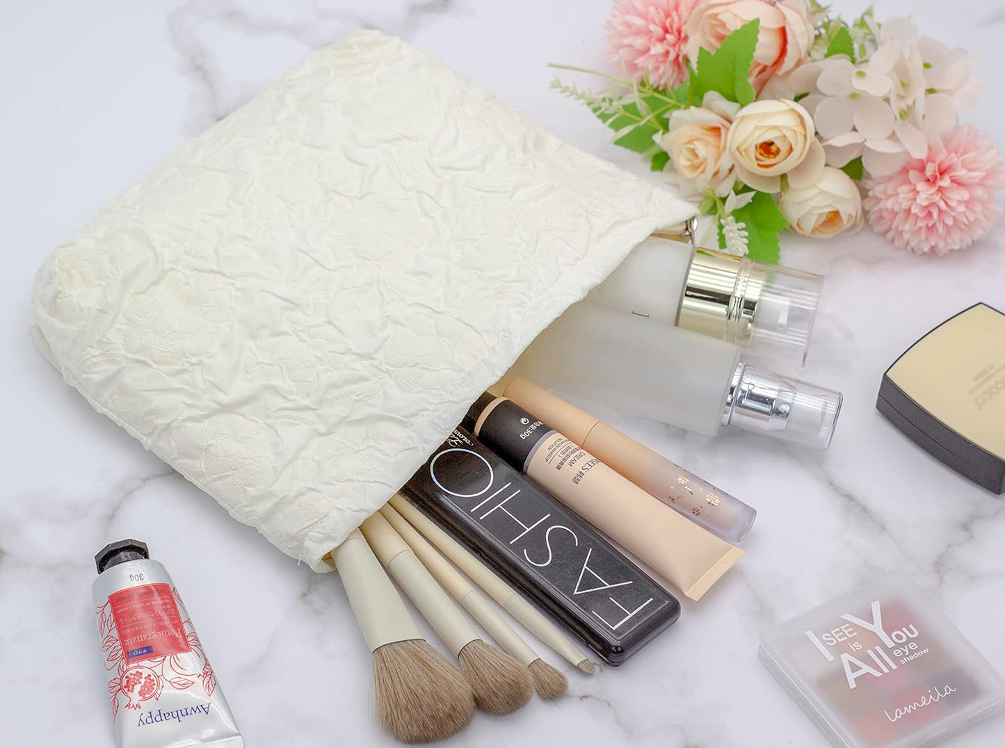 Makeup Bags for Purse Zipper Cosmetic Pouch Large Travel Canvas Make Up Organizer Tool Pouch for Women and Girls,Flower Ivory