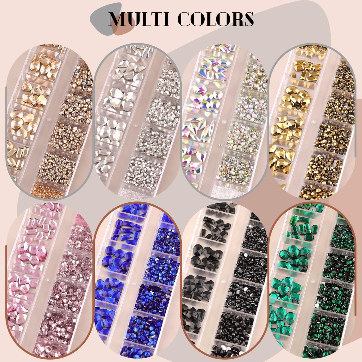 2060Pcs Champagne Gold Glass Nail Rhinestones 60Pcs Multi Shapes Flatback Nail Gems + 2000Pcs 1.5-4mm Round Crystal, Manicure Nail Charms Diamond Gemstone for Acrylic Nails Decoration