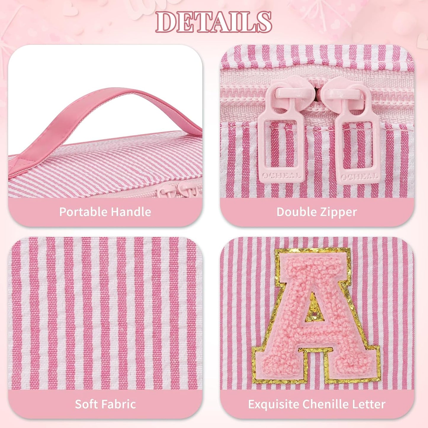 Travel Makeup Bag for Women, 2Pcs Portable Personalized Initial Makeup Organizer Bag, Open Flat Large Cosmetic Bag With Travel Essential Pouch (Pink Letter P)