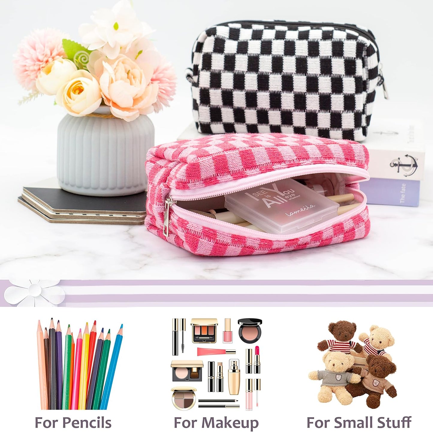 PAZIMIIK Checkered Makeup Bag for Purse Portable Zipper Make Up Pouch Small Cosmetic Case for Travel Accessories (Hotpink)