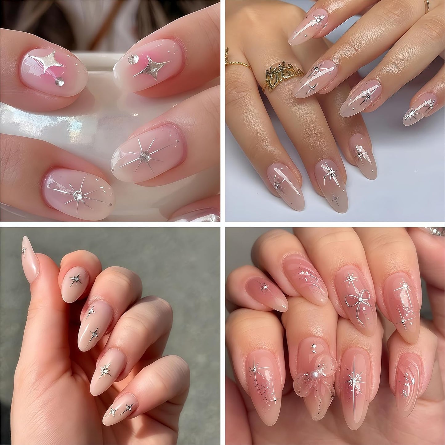 Glitter Diamond Stars Nail Art Stickers 3D Self-Adhesive Crystal Silver Decals Luxury with Rhinestones Stars Charms Design Stickers for Women DIY Manicure Decorations