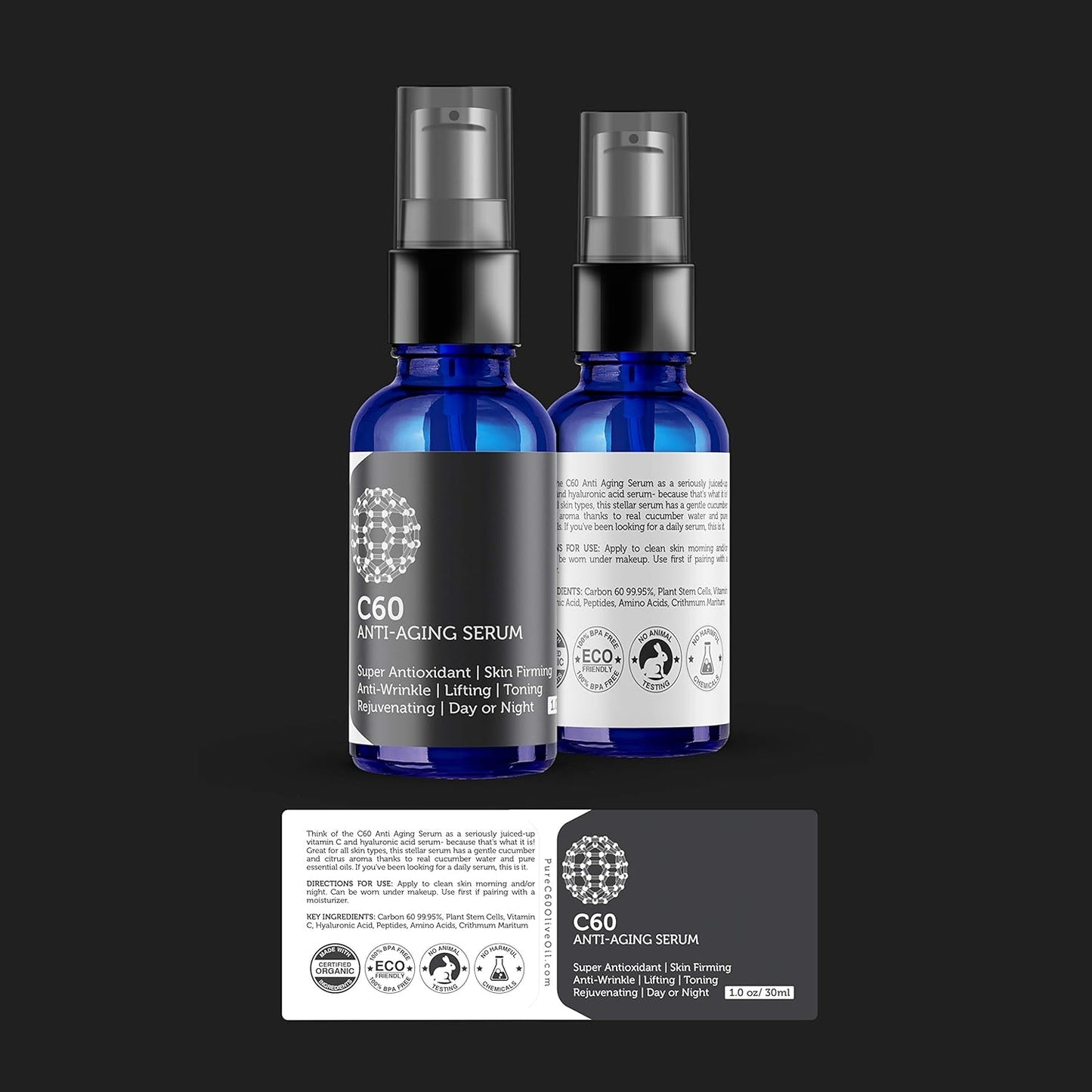 C60 Anti-Aging Face Serum 30ml with Hyaluronic Acid, Plant Stem Cells, Peptides, Vitamins B + C & Anti Aging Wrinkle Complexes for Men & Women Made with Organic Ingredients
