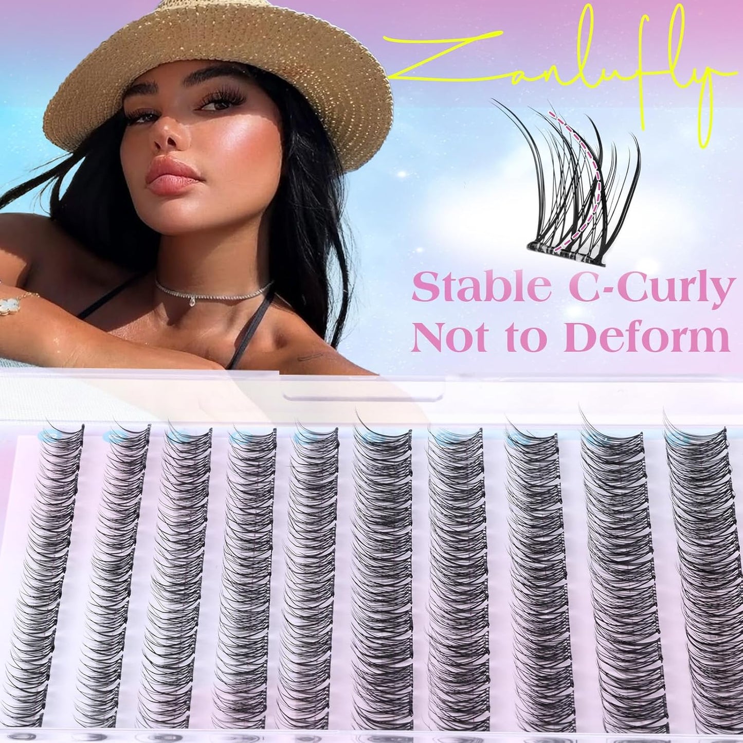 zanlufly Self Adhesive Lash Clusters No Glue Eyelashes C Curly Reusable Pre-glued Lashes No Damage Self Adhesive Eyelash Clusters Press on Eyelashes(8-14mm,120Pcs)