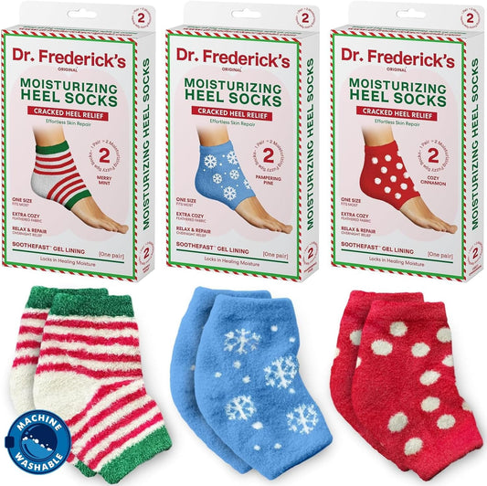 Dr. Frederick's Original Moisturizing Fuzzy Heel Socks - 3 Pairs - Cozy Gel-Lined Sleep Socks for Women & Men - Soothing Dry, Cracked Feet - Cracked Heel Repair (Holiday Special Edition)