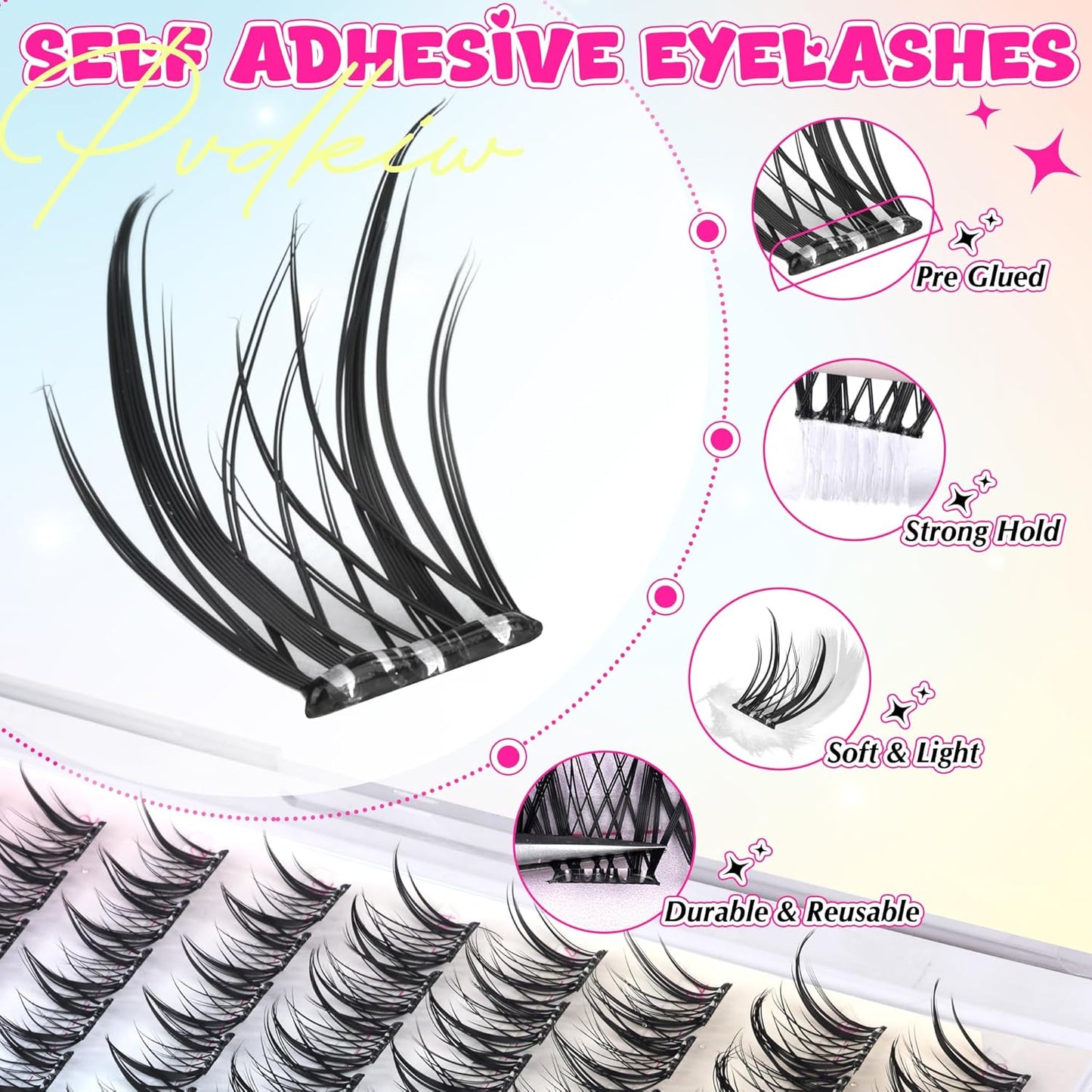 Self Adhesive Eyelashes Manga Self Adhesive Lash Clusters Natural Pre Glued Eyelashes Clusters Wispy Press on Lashes No Glue Needed C Curl Cluster Eyelash Extensions Reusable 10-16mm