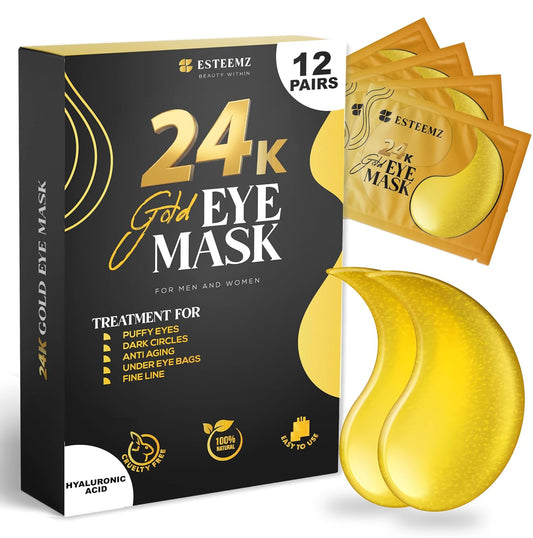 24K Gold Under Eye Patches For Puffy Eyes (12 Pairs Individually Wrapped) - Collagen Enriched Under Eye Masks for Dark Circles and Puffiness, Hyaluronic Acid Under Eye Mask Patches for Wrinkles