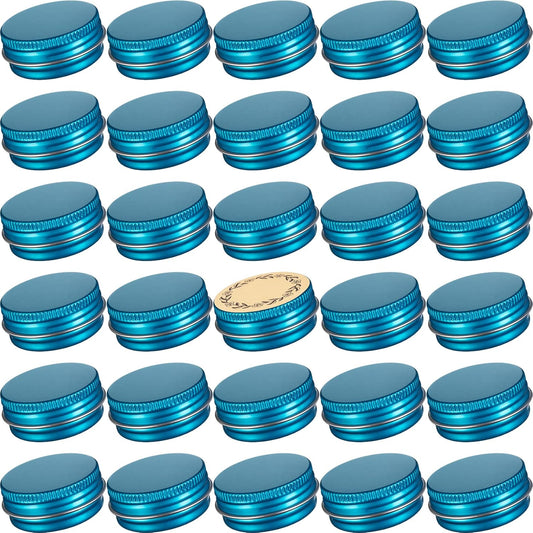 0.5 oz Screw Top Aluminum Tin Jar with Screw Lid and Blank Labels (Lake Blue - Pack of 32)