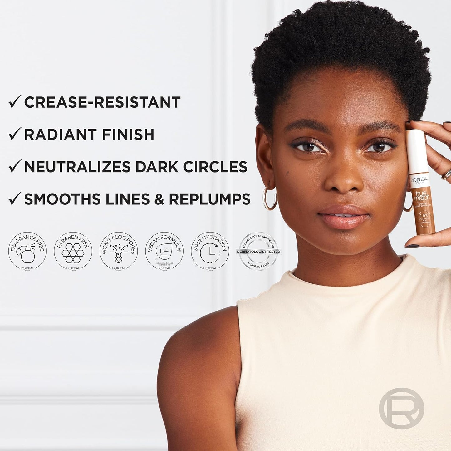 L’Oréal Paris True Match Radiant Serum Concealer, Brightening Under Eye Concealer Make Up with 1.5% Hyaluronic Acid and Caffeine, W1, 0.33 Oz